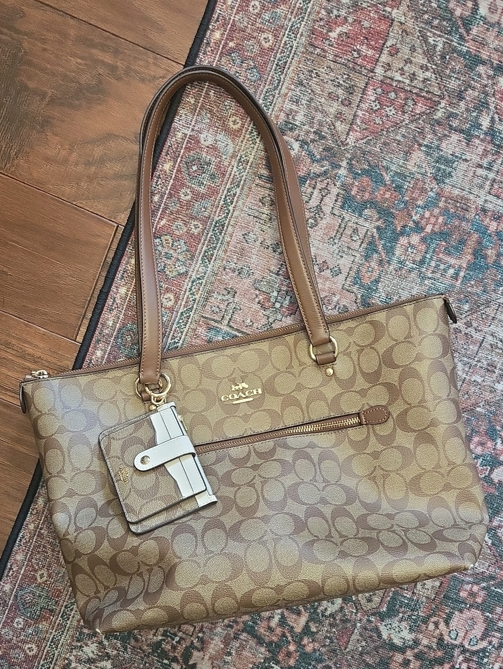 Coach Brown Signature C Canvas Shoulder City Zip Tote with Leather Trim w/wallet